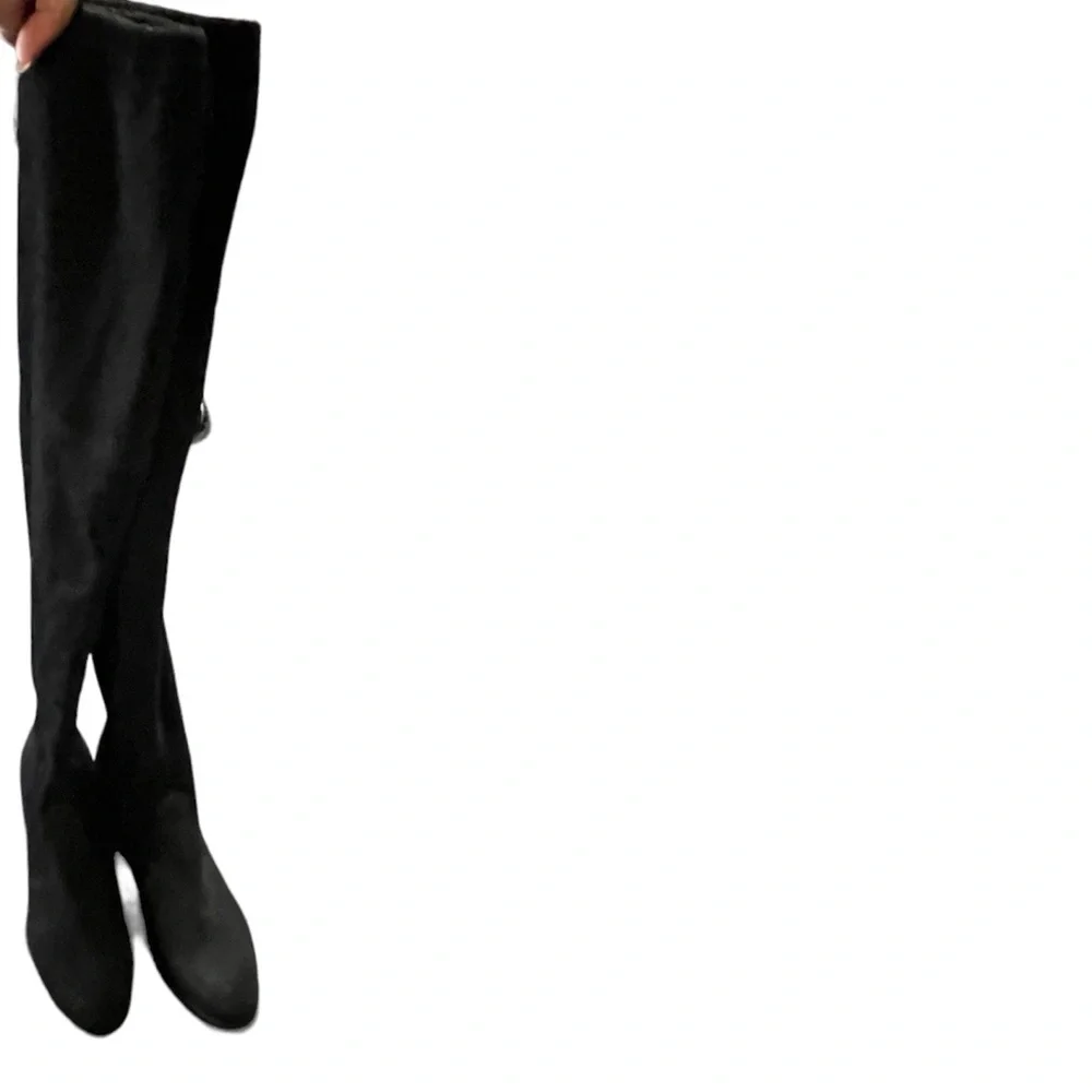Black Over the Knee Heeled Tie Boots - Picture 7 of 9